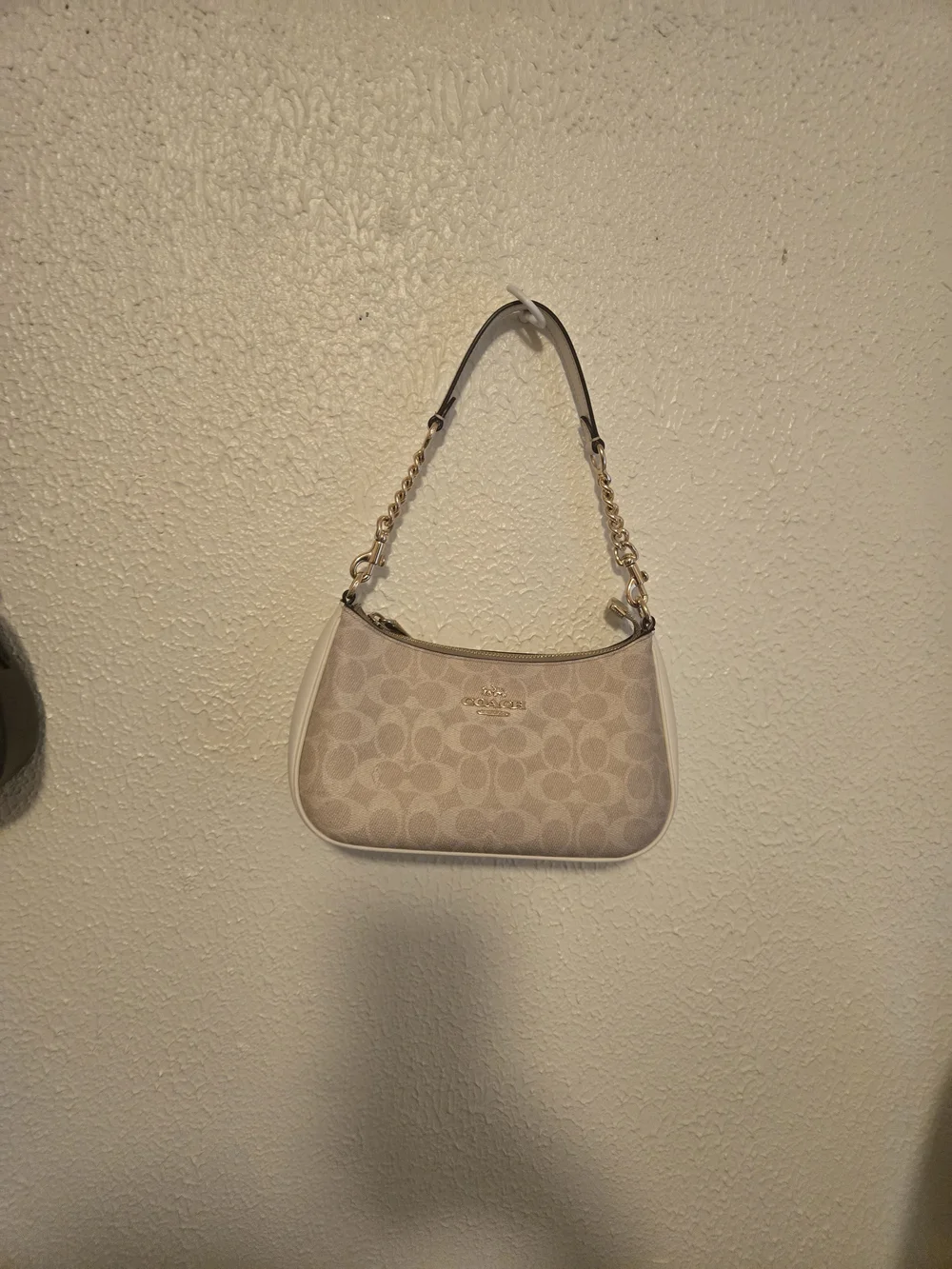 Coach Beige Signature Canvas Mini Shoulder Bag with Gold Chain